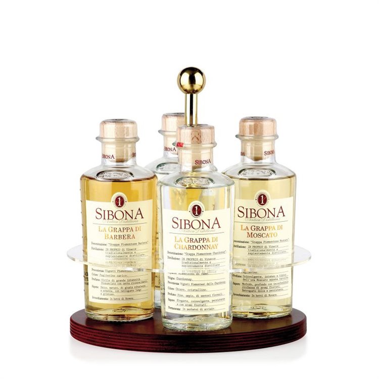 Sibona Graduated -Exclusive Sibona 2 tasting for 4 Distilleria Bottle Holder with (4x50cl) di Nebbiolo Grappa