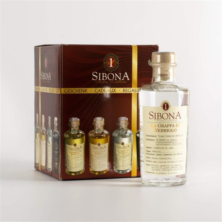 Distilleria Sibona - Confezione Regalo degustazione Grappe Monovitigno Moscato, Barbera, Nebbiolo, Amaro Sibona (4x50cl)