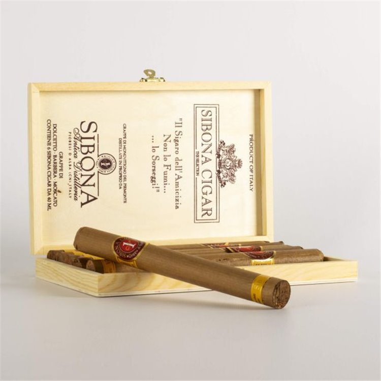Distilleria Sibona - Gift Box Cigars with Grappa Monovitigno Dolcetto, Barbera, Moscato wooden box of 6 pcs.
