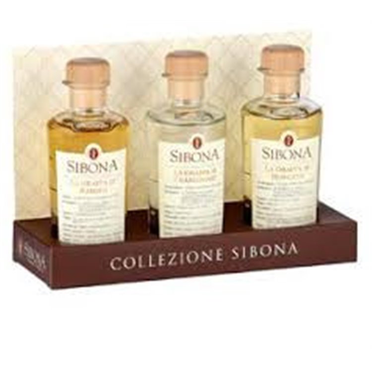 Distilleria Sibona - 3 Grappa Graduate, Moscato, Chardonnay, Barolo MINI Größe 20 cl. (Im eleganten Fall von 3)