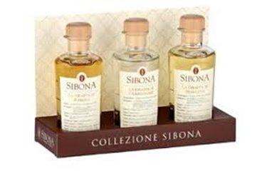 Distilleria Sibona - 3 Grappa Graduate, Moscato, Chardonnay, Barolo MINI Größe 20 cl. (Im eleganten Fall von 3)