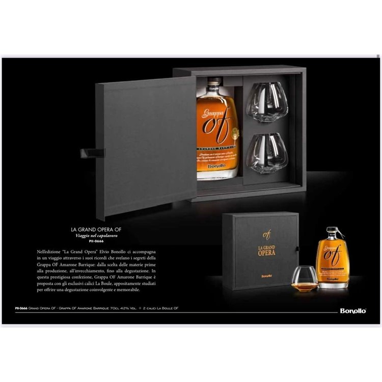 Bonollo La Grand Opera - Grappa di Amarone Barricata 0,70cl con due bicchieri La Boule